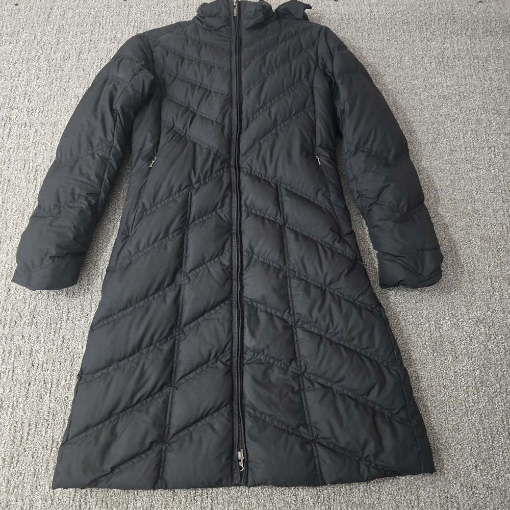 Patagonia Down With It Parka Womens XS Black Goose Down Hooded Long Coat 28436